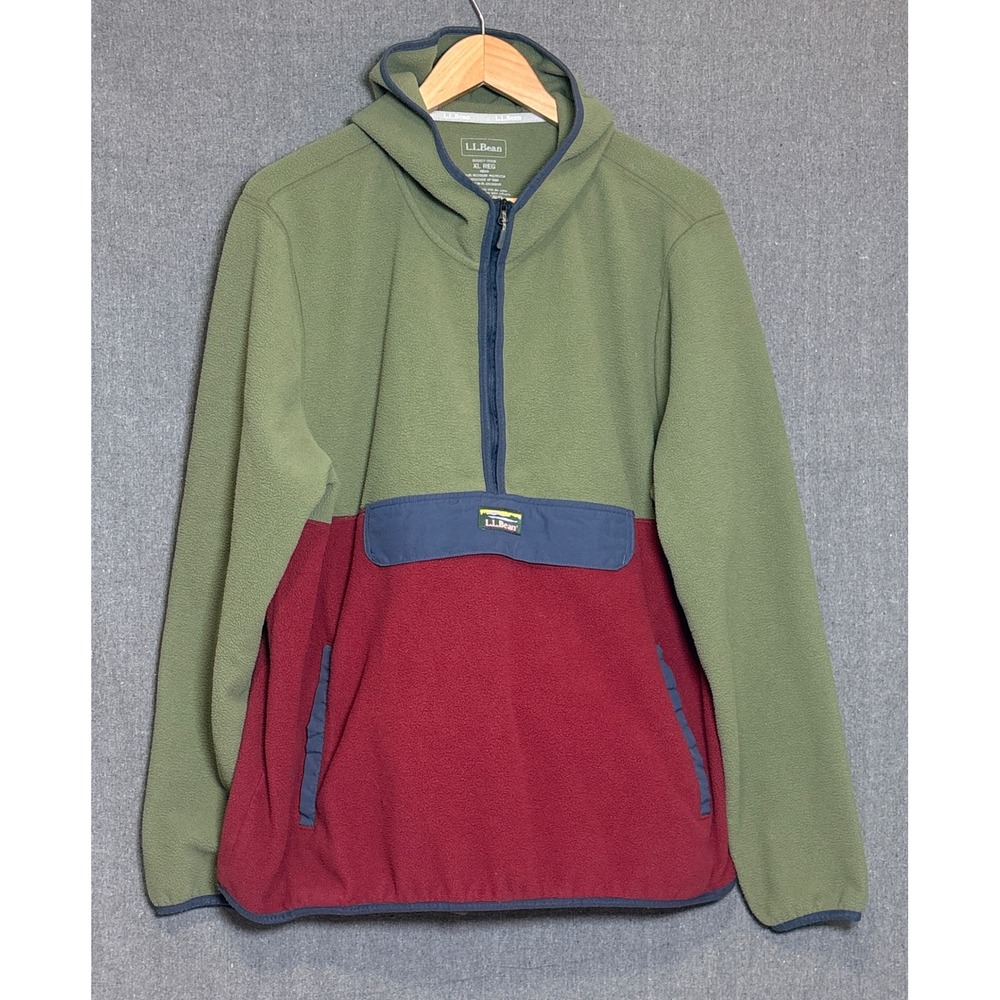 LL Bean Mens Anorak Fleece Hoodie XL Green Burgundy Colorblock Half Zip Pullover
